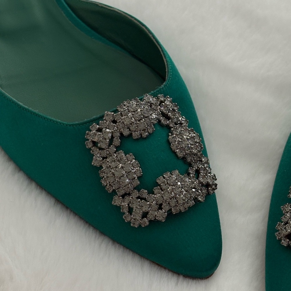 Manolo Blahnik Green Satin Crystal Buckle Mules Size 40